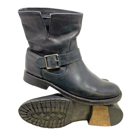 Frye Natalie‎ Black Leather Buckle Short Engineer Boots - Picture 9 of 13